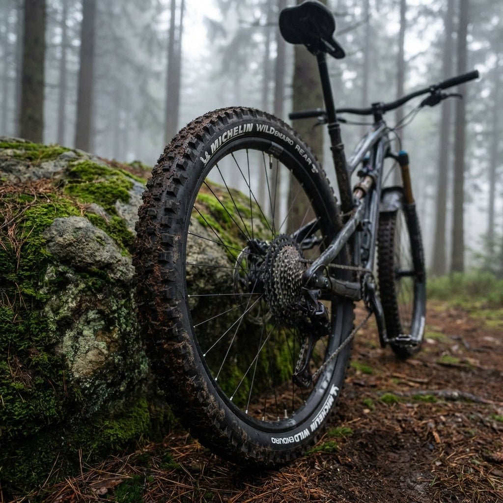 Schlammiger Michelin Wild Enduro Rear 27.5x2.60 Mountainbike Reifen schwarz im nebligen Wald.