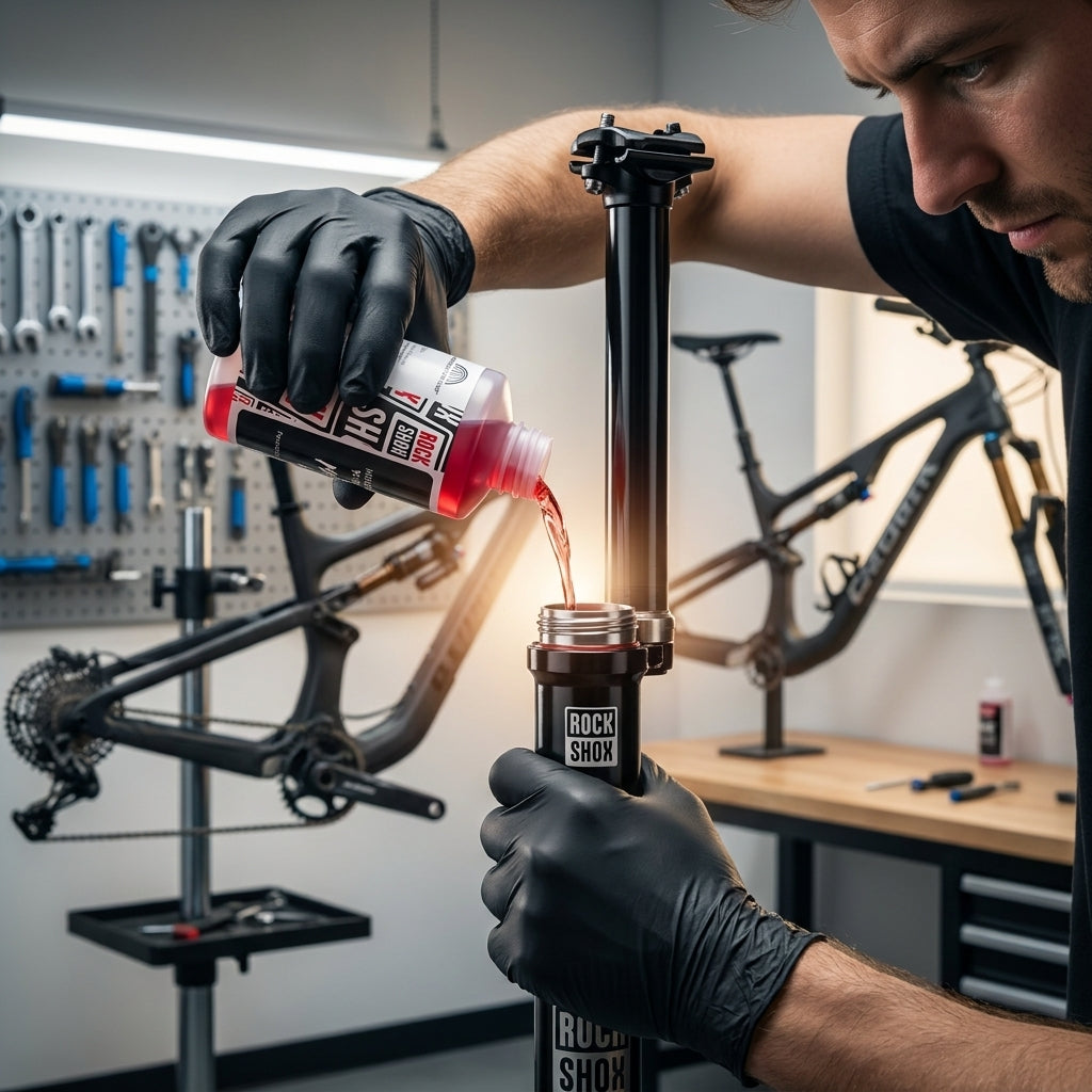 RockShox Reverb Hydrauliköl 1L wird bei der Fahrradwartung in eine Sattelstütze gefüllt.