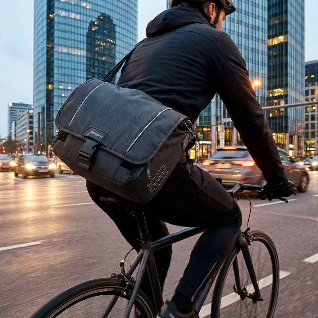 Basil Sport Design Commuter Schultertasche graphit am Radfahrer in der Stadt, mit Reflektoren.