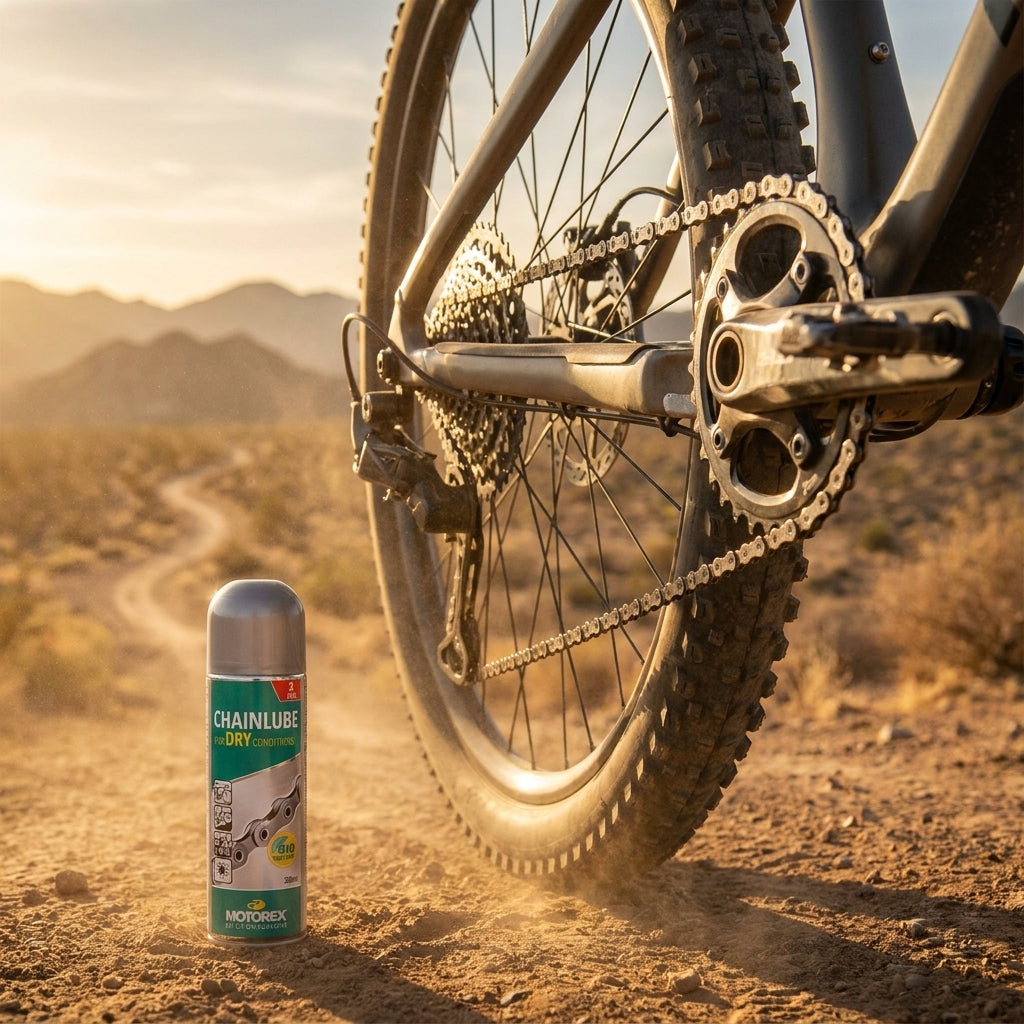 Motorex Chainlube Dry Conditions 300ml Kettenöl neben Mountainbike auf staubigem Offroad-Trail.