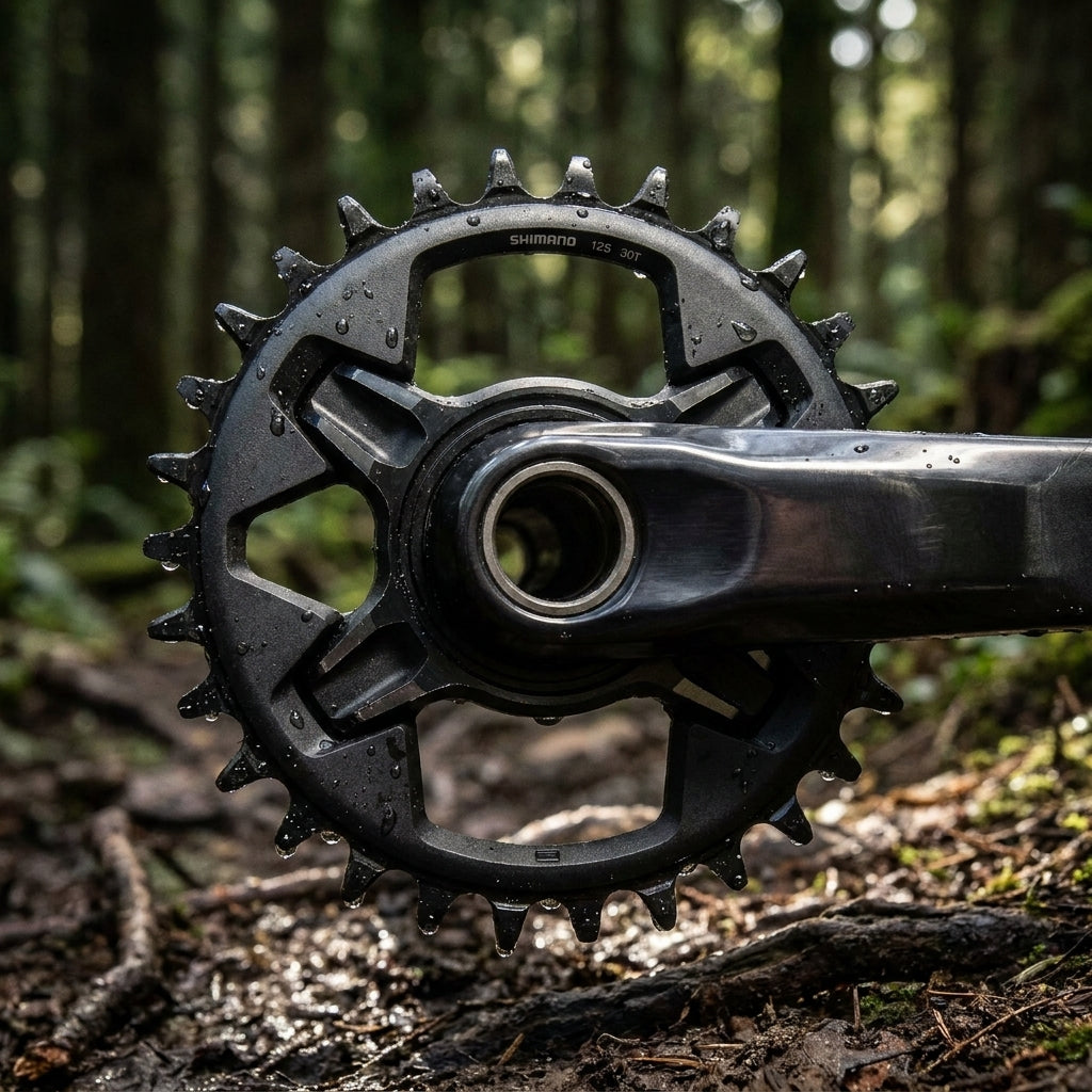 SHIMANO DEORE XT Kettenblatt 30 Zähne (12S) und Kurbel auf feuchtem Mountainbike-Trail.