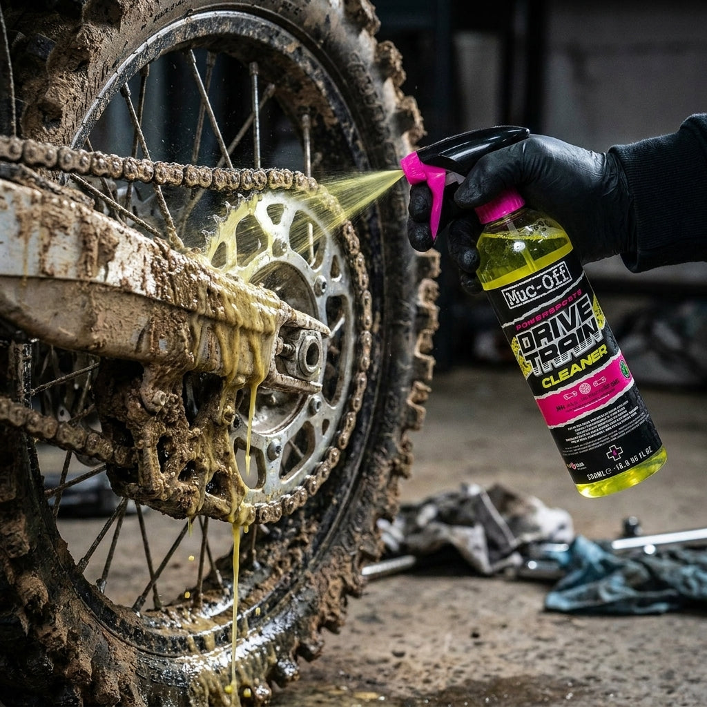 Muc Off Powersports Drivetrain Cleaner 500ml pink reinigt schlammige Motorradkette und Antrieb.