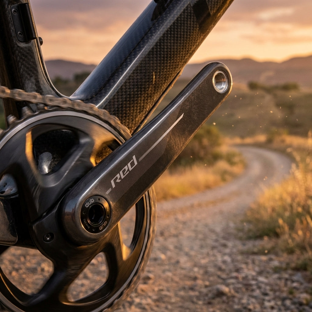 SRAM RED DUB Kurbelarme 167,5mm am Carbon-Rennrad/Gravelbike auf Schotterweg im Abendlicht.