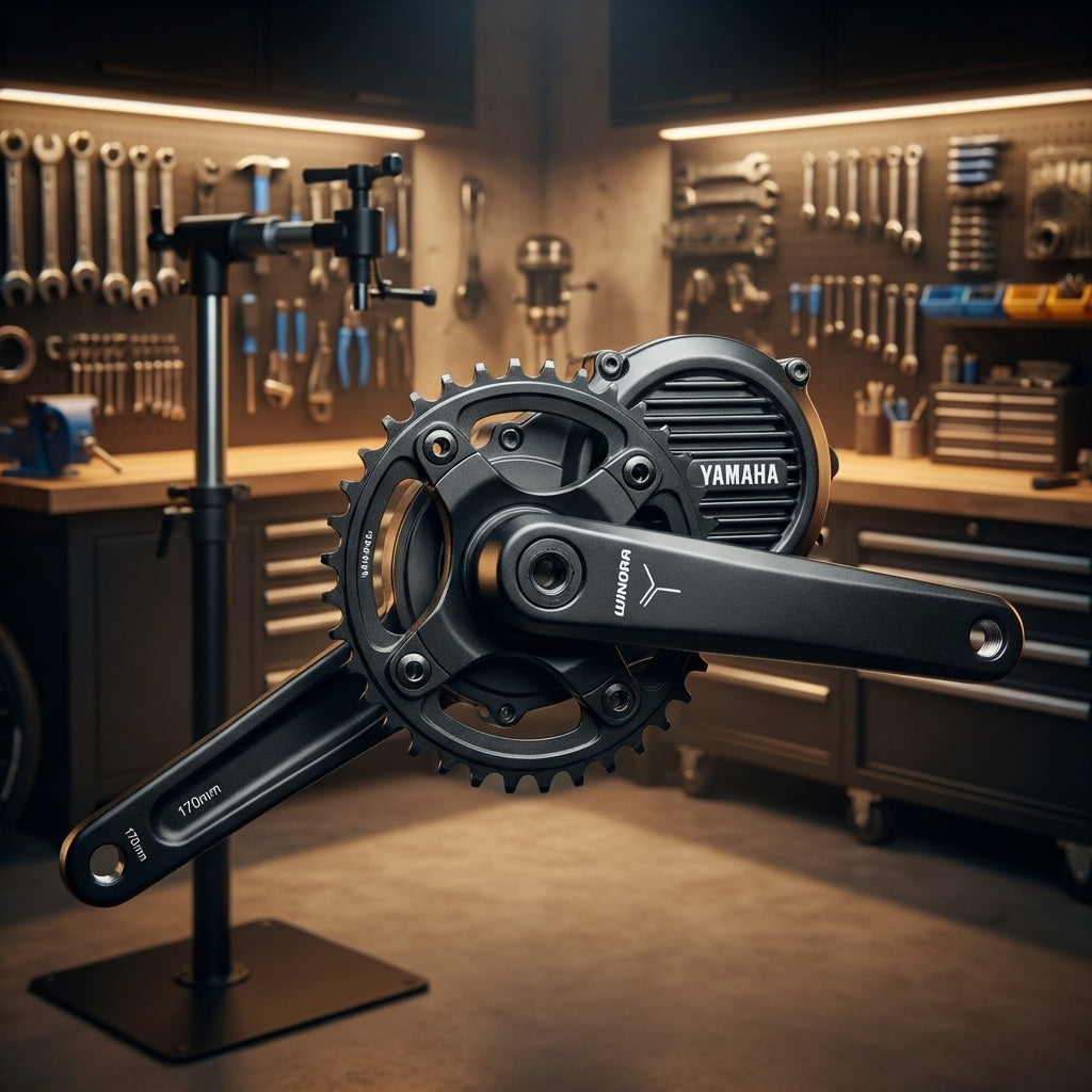 Winora Miranda Kurbelset 170mm für Yamaha PW-X E-Bike Motoren in Schwarz mit Winora Logo.