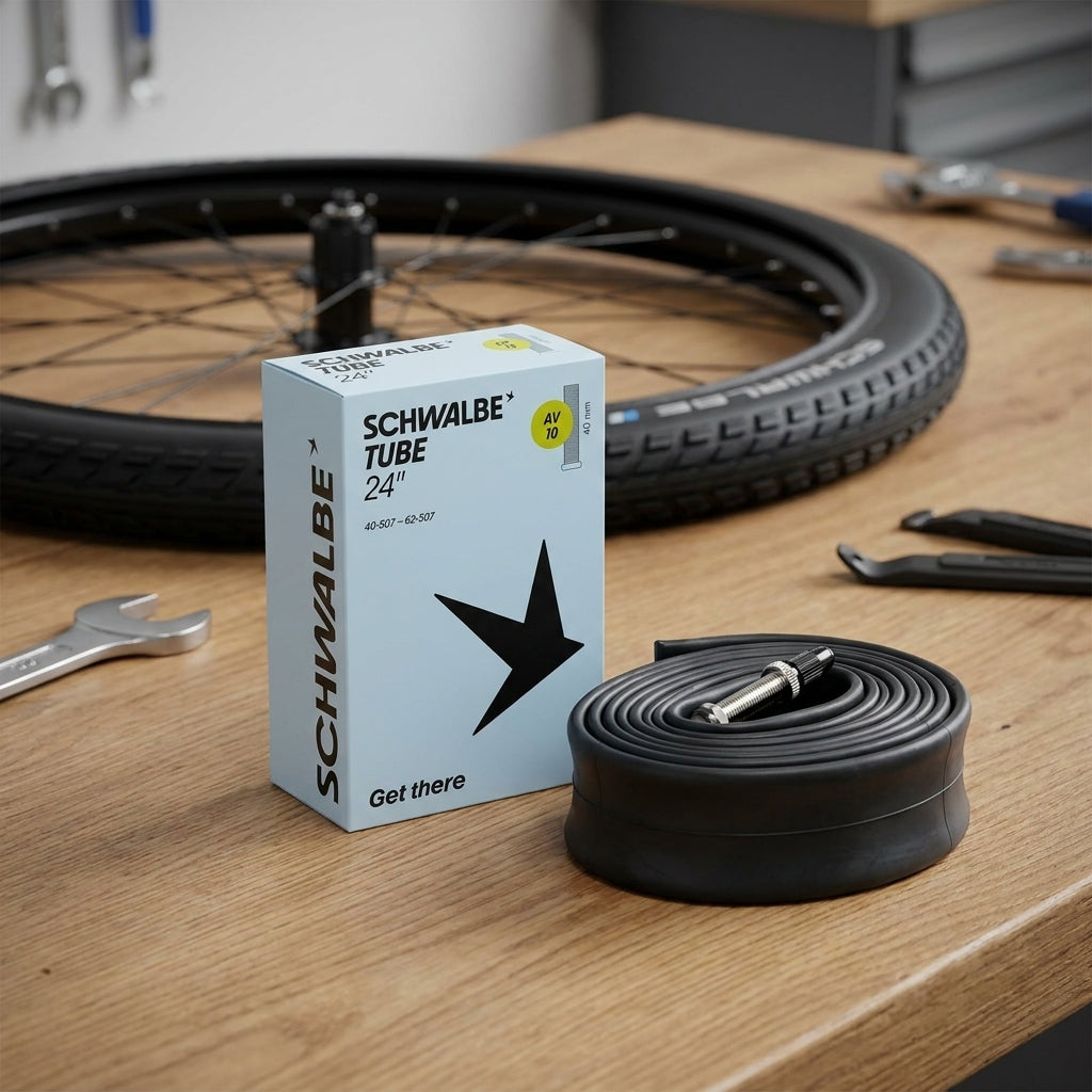 Schwalbe Fahrradschlauch AV10 40/62-507 mit Autoventil auf Werkbank. Zuverlässiger 24 Zoll Schlauch für Fahrradreparatur.