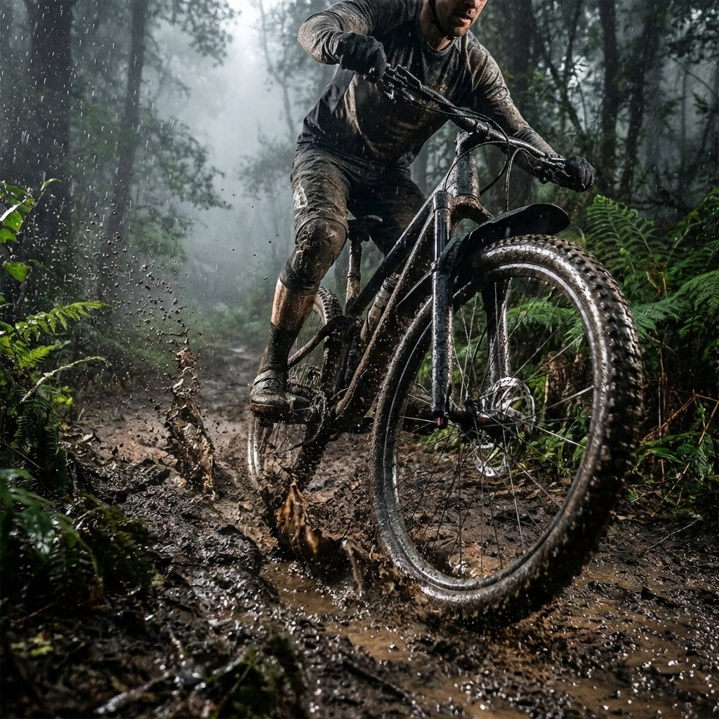 Mountainbiker fährt durch schlammigen Waldweg, X-CAPE VR-Schutzblech schützt effektiv vor Spritzwasser.