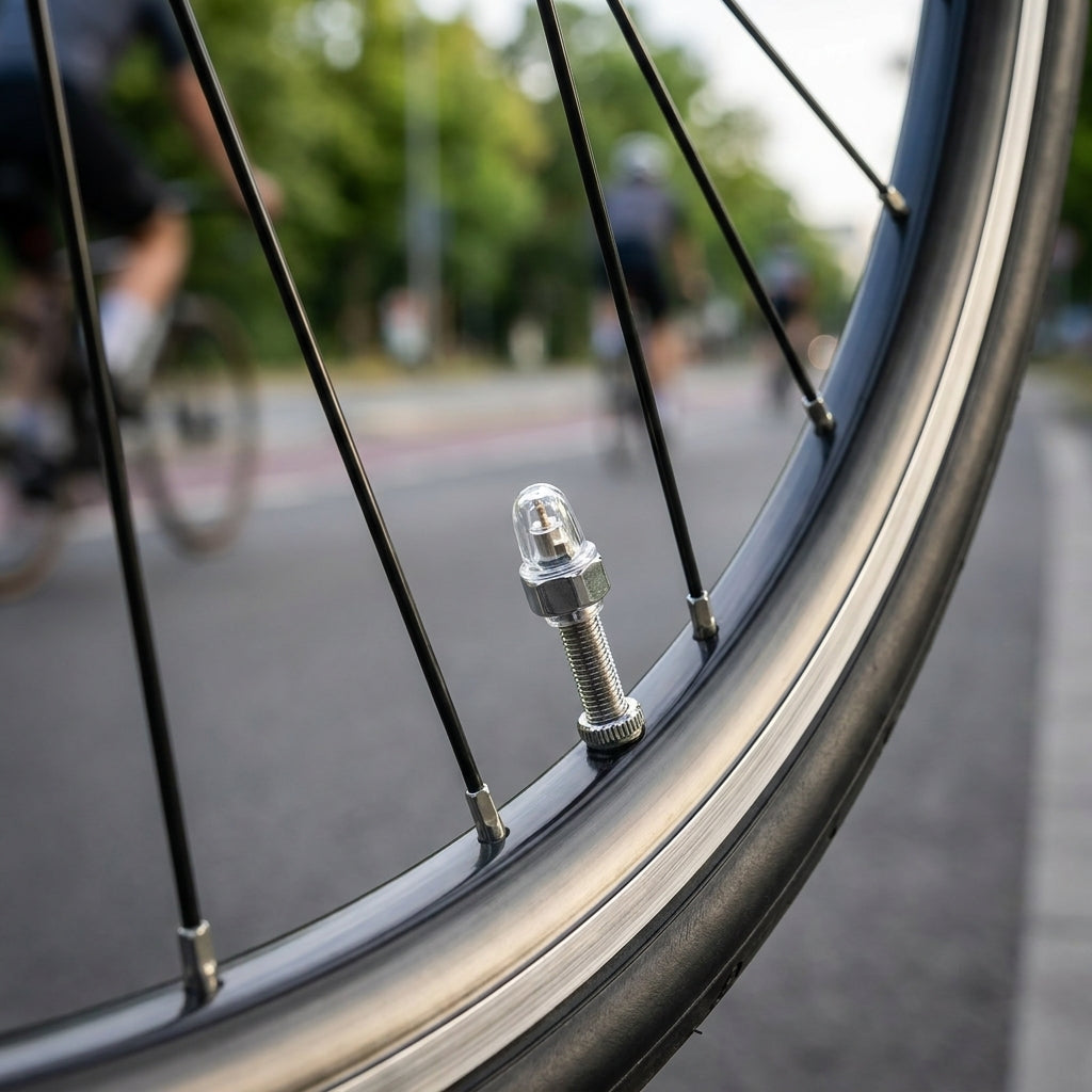 Schwalbe Magnet Staubkappe SV am Fahrradventil, silberne Abdeckkappe für Presta-Ventile.