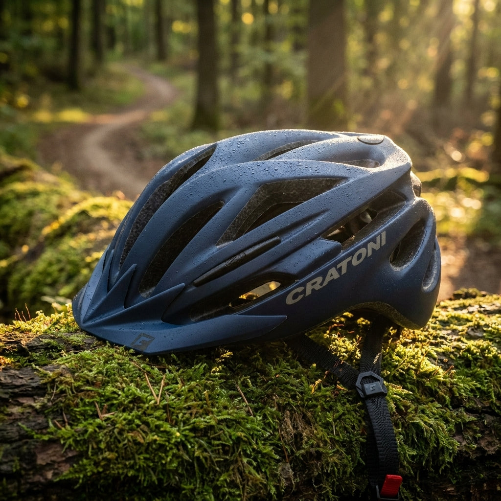 Cratoni Helm Pacer dunkelblau matt L/XL 58-62cm auf moosigem Baumstamm im Wald mit Fahrradweg.
