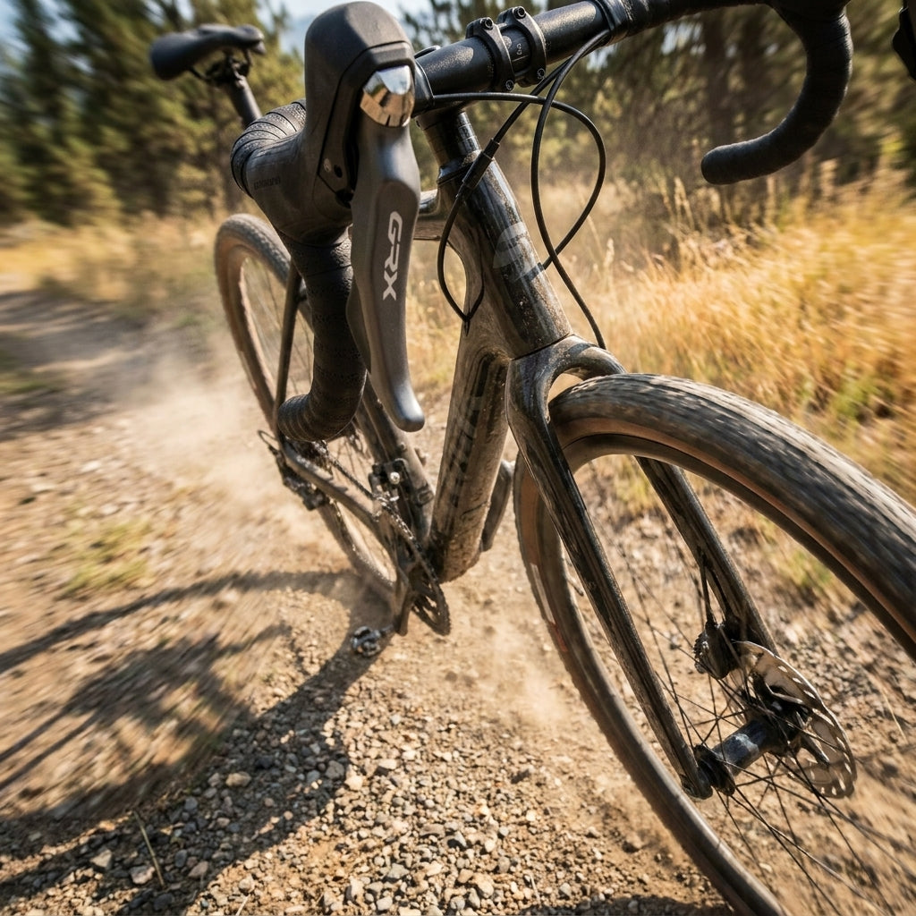 SHIMANO GRX RX810 Gravelbike Scheibenbremse VR in Aktion auf staubigem Schotterweg.