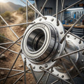Race Face 6902 Kugellager an Fahrradnabe, Detailaufnahme mit Trail und Werkstatt im Hintergrund.