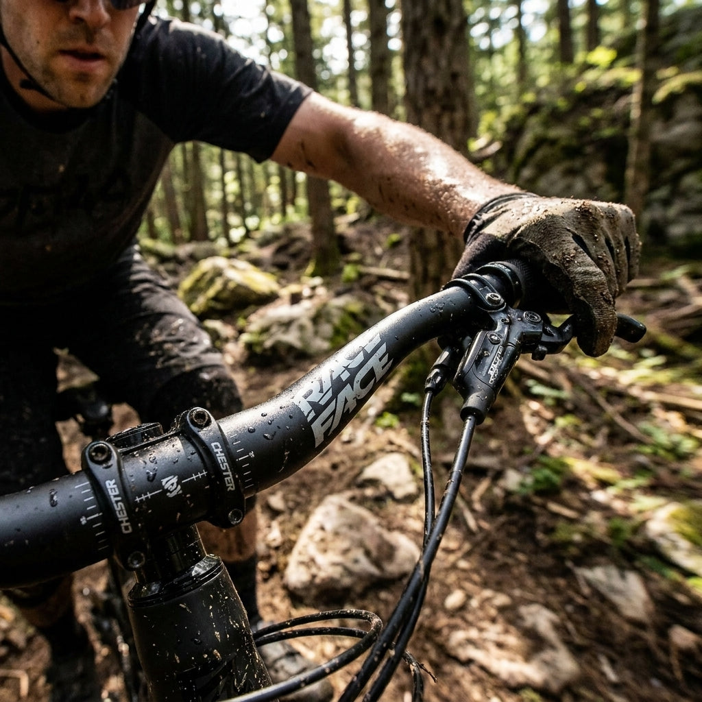 Race Face Chester Riser Lenker schwarz für Trail & Enduro Mountainbikes. Maximale Kontrolle und Stabilität auf Trails.