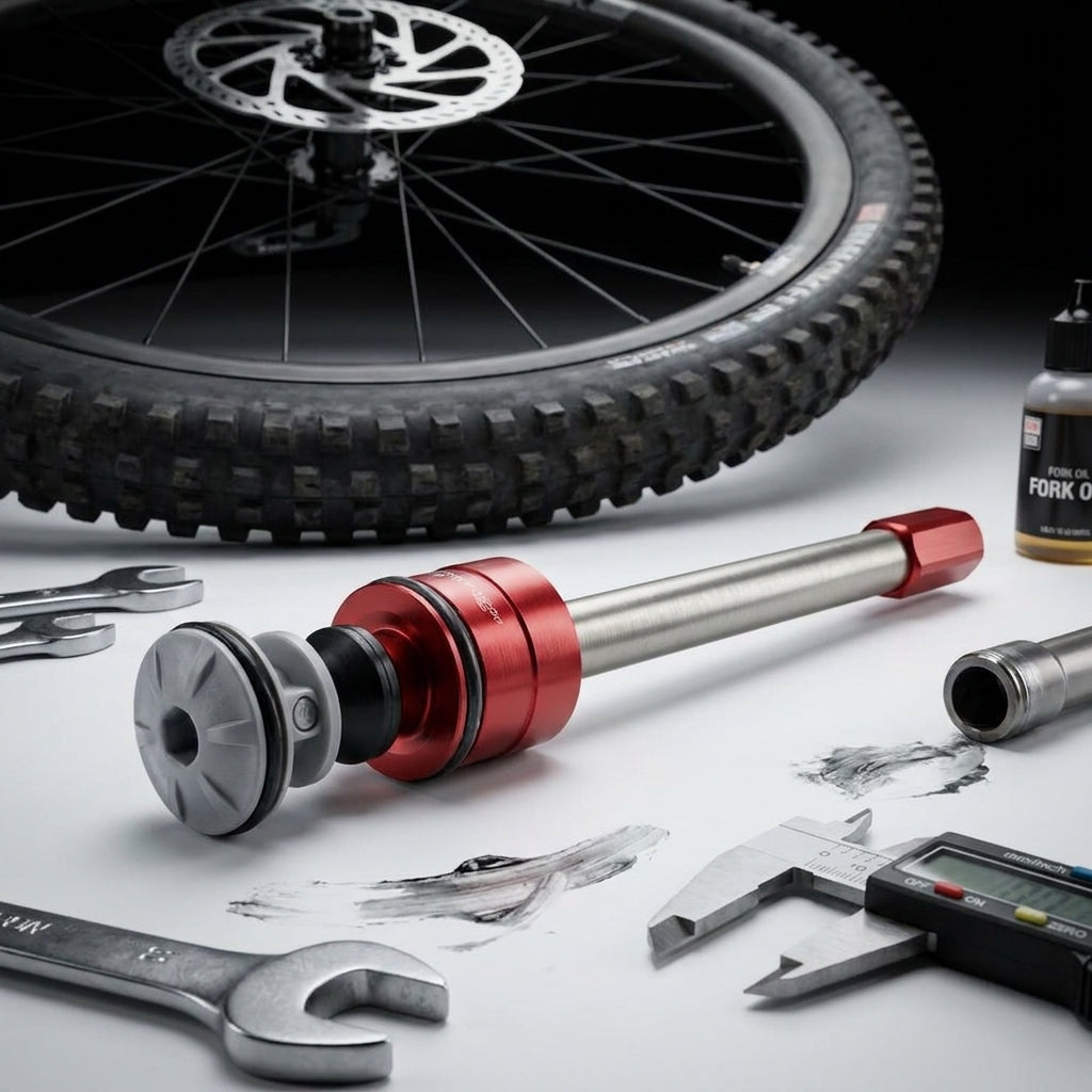 RockShox DebonAir Air Spring Upgrade Kit 140mm (Pike/Revelation) mit Wartungswerkzeug, Öl und Mountainbike-Rad.