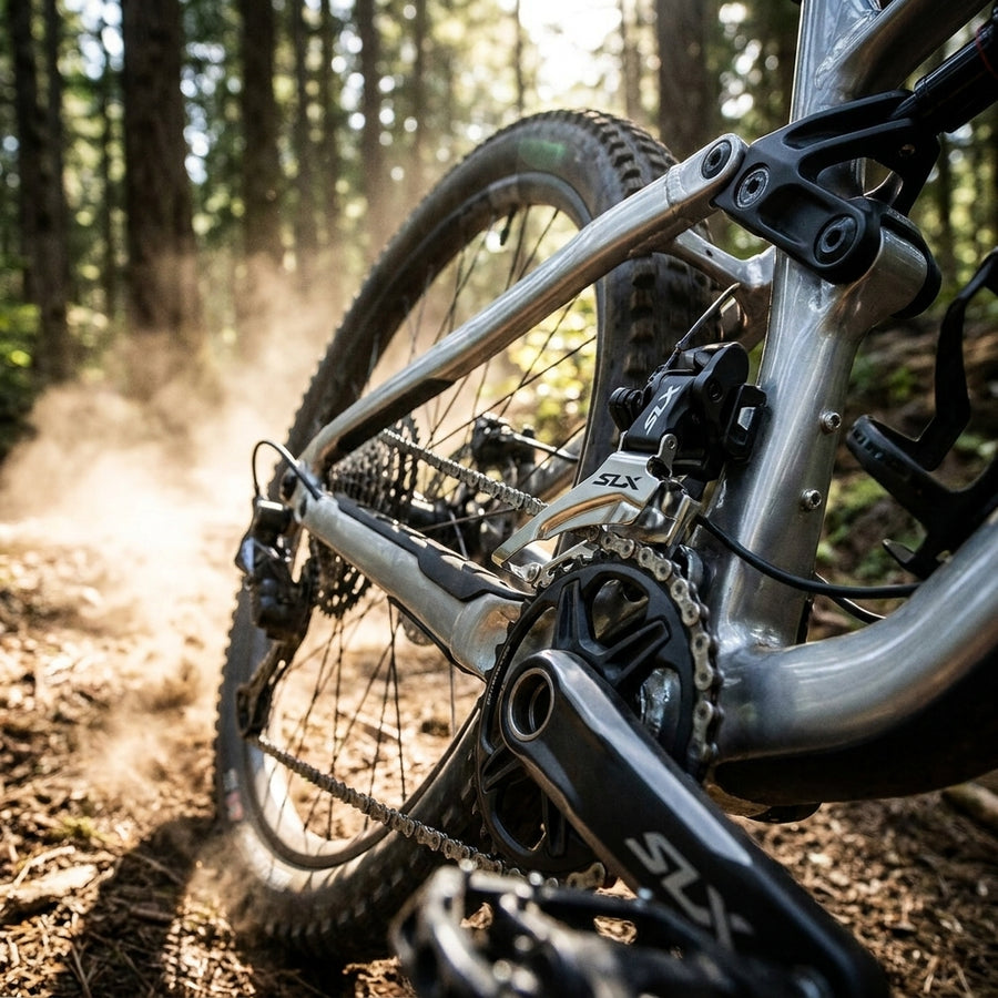 SHIMANO SLX FD-M7100 Umwerfer am Mountainbike auf staubigem Waldweg, bietet präzise Schaltperformance.