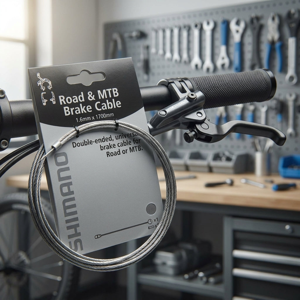 SHIMANO Bremszug-Set MTB/Road Stahl auf Verpackung am Fahrradlenker in Werkstatt.