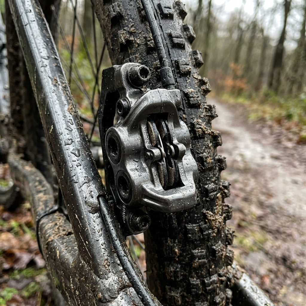 Voxom Scheibenbremsbeläge BSC12 für Magura Louise/FR im schlammigen Mountainbike-Bremssattel.