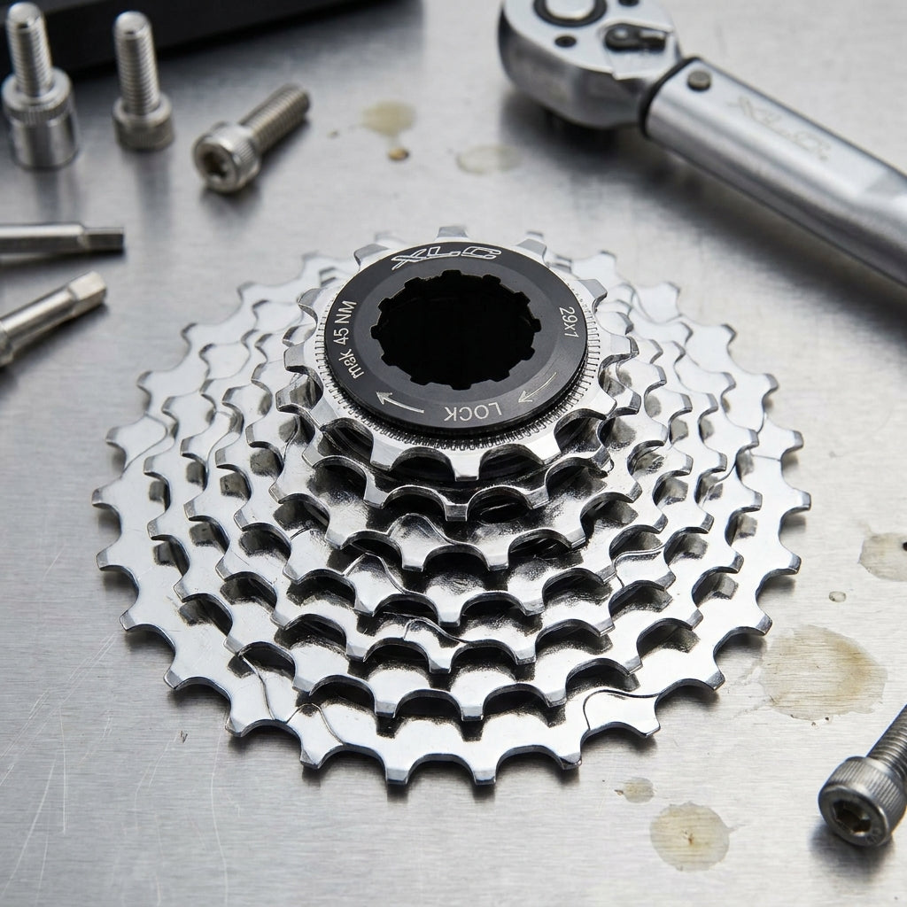 Glänzende XLC 8-fach Zahnkranz-Kassette 13-26 Campa mit Lockring und Fahrradwerkzeug auf gebürstetem Metallhintergrund.