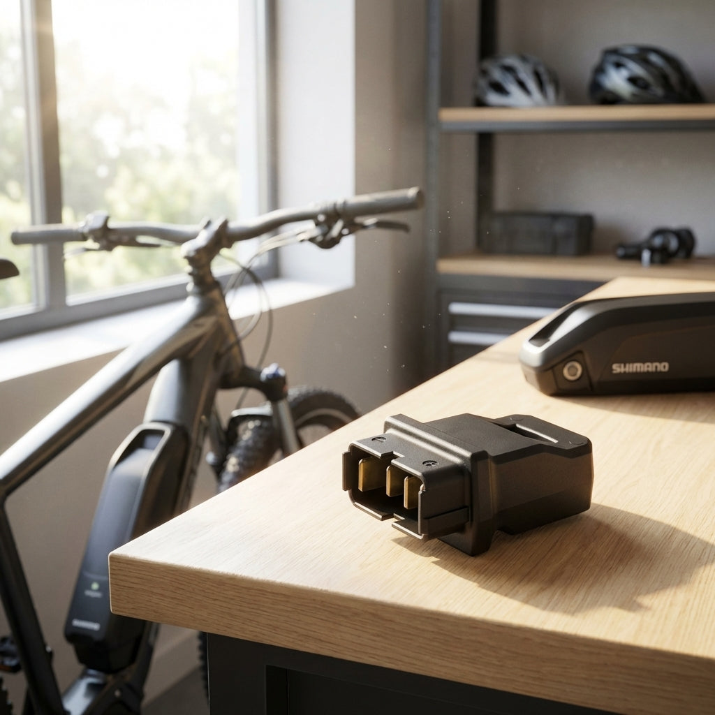 SHIMANO Ladeadapter für E-BIKE SYSTEMS Akkus BT-E6000/6001/6010 auf Holztisch, E-Bike im Hintergrund.