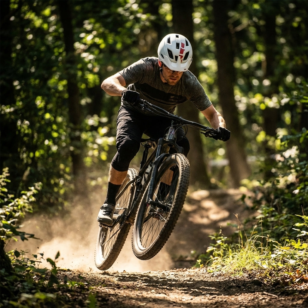 XLC Helm MTB BH-C30 weiß 58-61cm an Mountainbiker beim Sprung im Wald. Produktbild des Helms BH-C30 in Aktion.