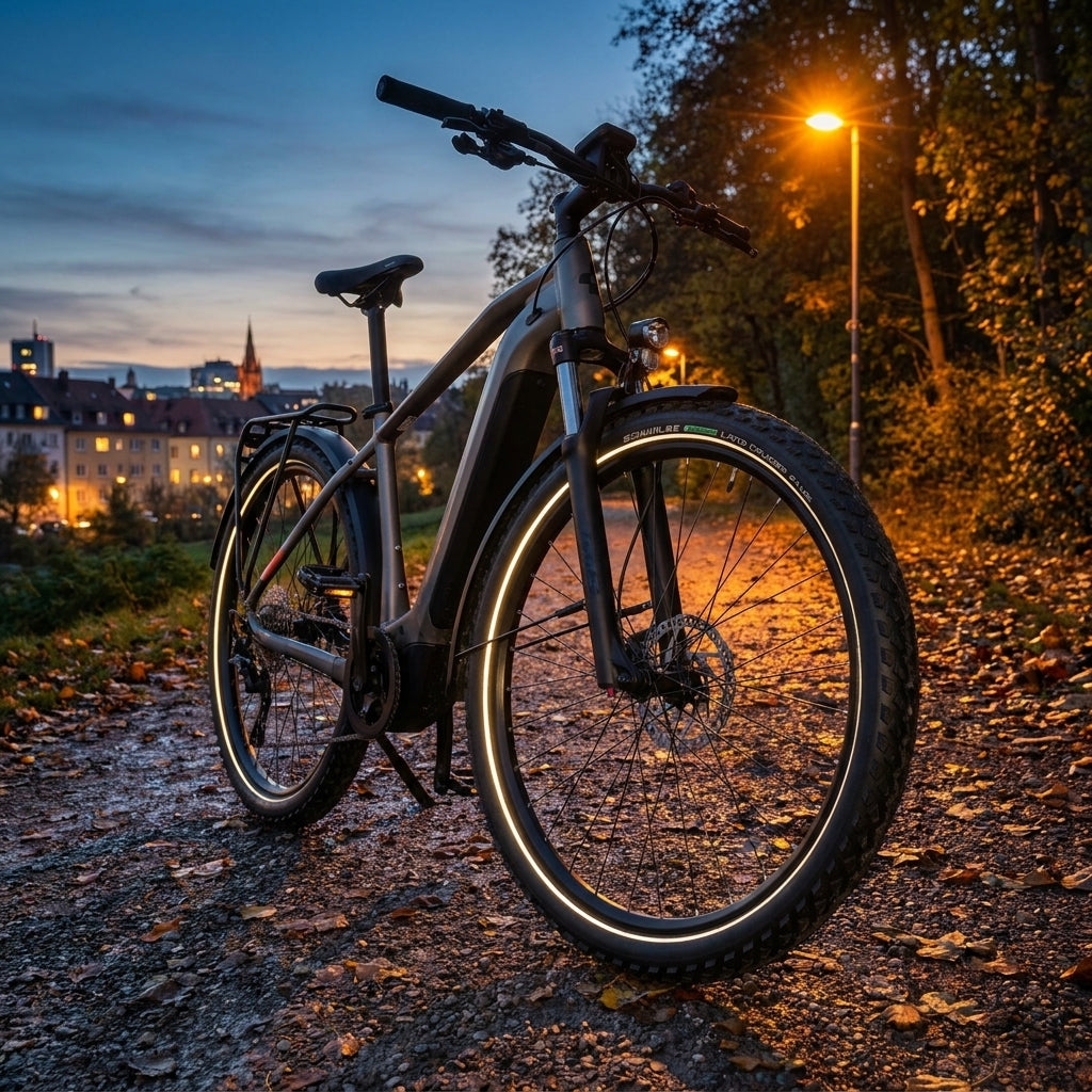 Schwalbe Land Cruiser Plus Reflex Reifen am E-Bike bei Nacht auf Herbstweg mit Stadtblick.