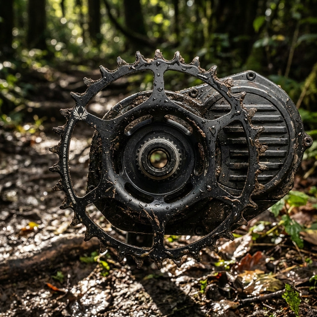 SRAM X-Sync Kettenblatt E-MTB 2 Eagle 34T schwarz, schlammig am E-Bike Motor im Wald.