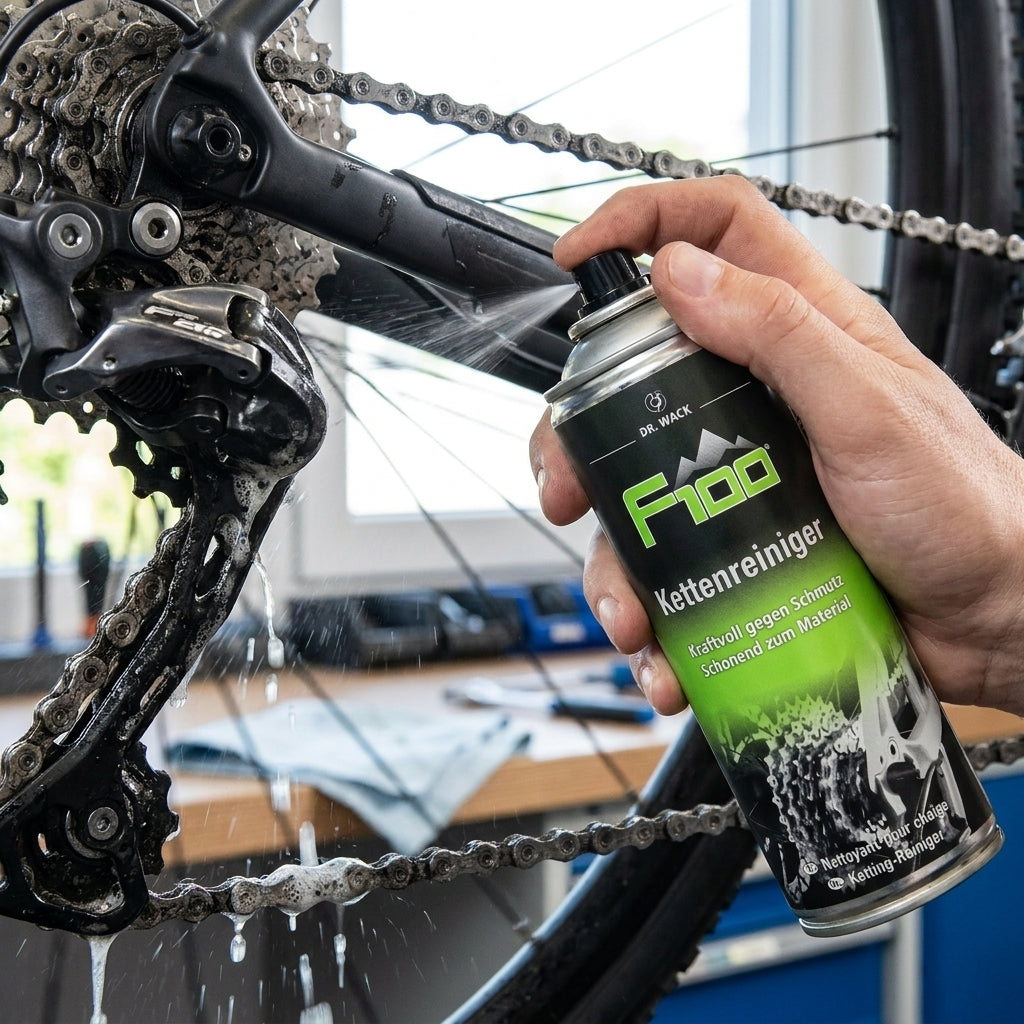 Hand sprüht F100 DR WACK Kettenreiniger auf eine verschmutzte Fahrradkette und Kassette zur Reinigung.