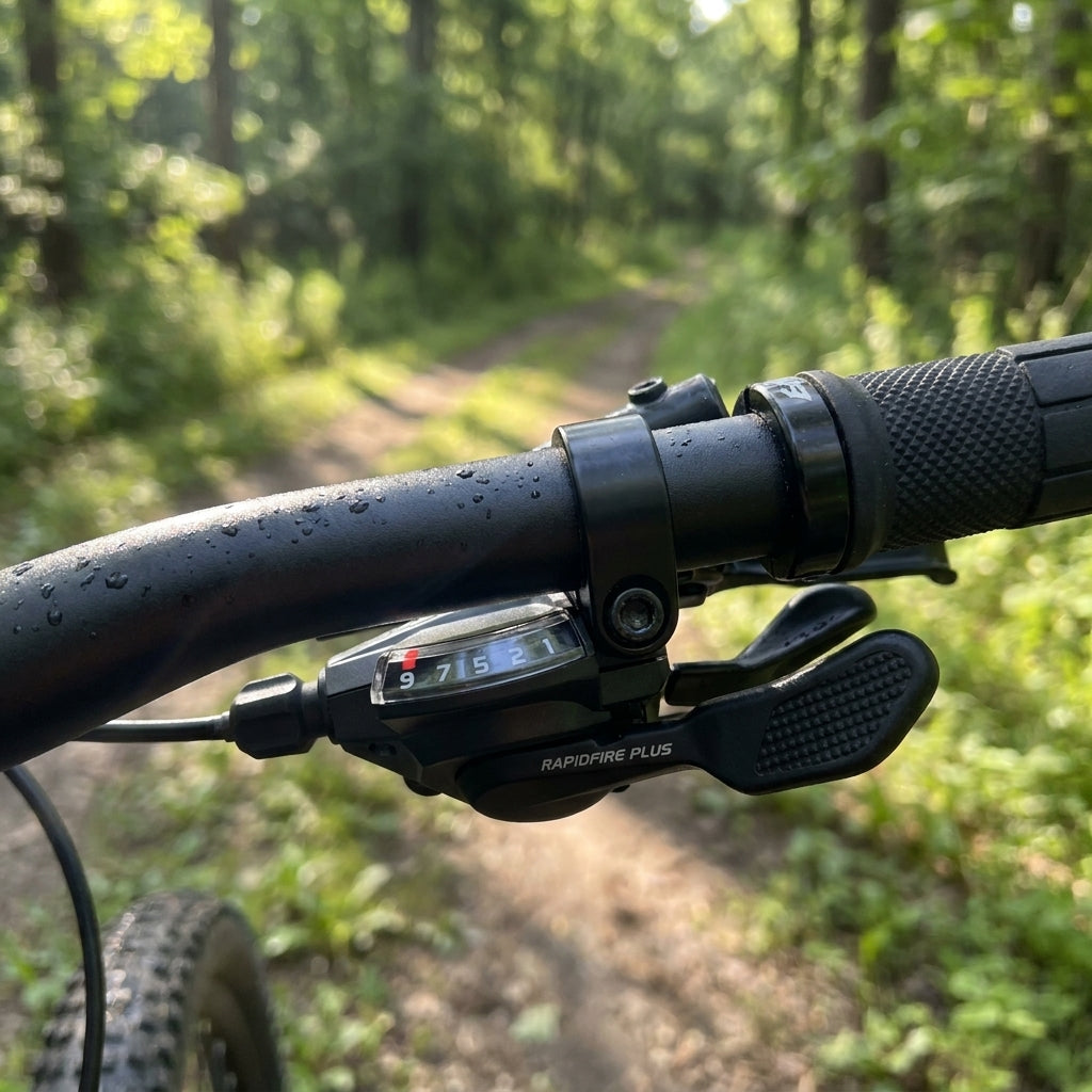 SHIMANO ALIVIO SL-M3100 RAPIDFIRE PLUS 9-fach rechter Schalthebel am Fahrradlenker im Wald.