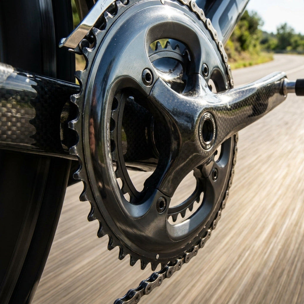 SHIMANO Ultegra FC-6800 36Z Kettenblatt schwarz am Rennrad-Antrieb mit Carbon-Kurbel auf der Straße.