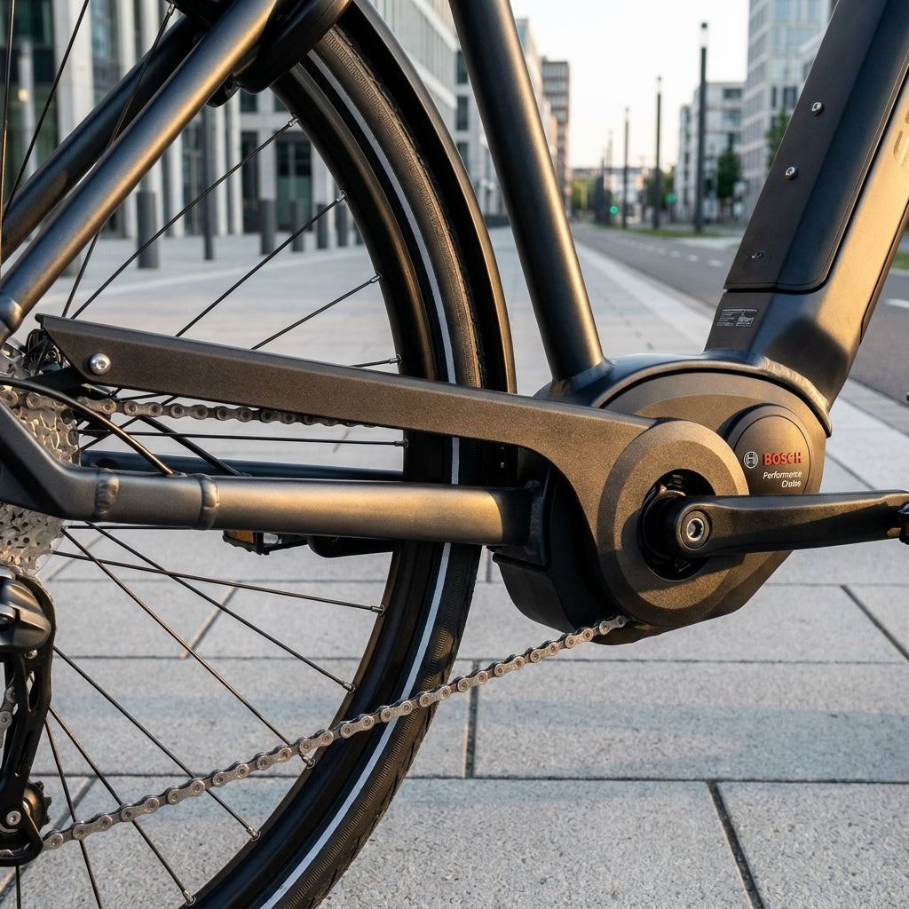Schwarzer Curana Kettenschutz am E-Bike mit Bosch Performance Cruise Motor.