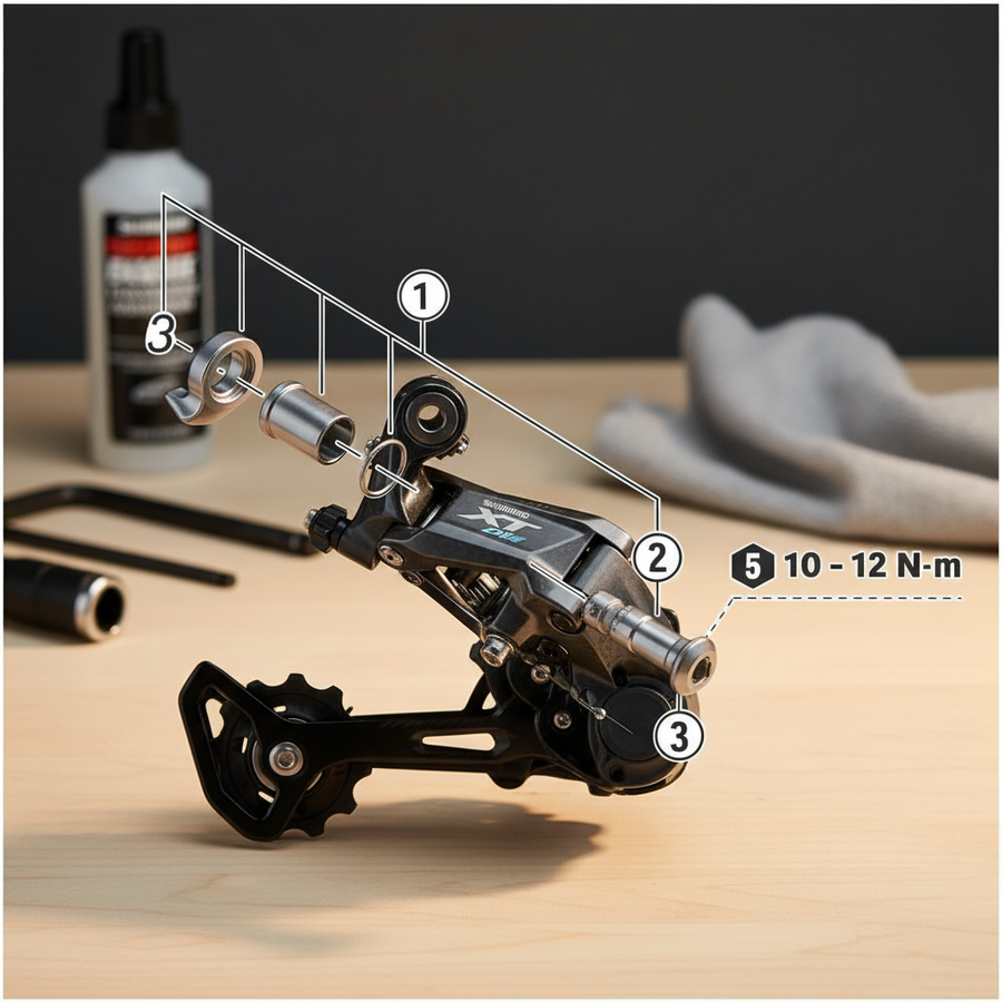 Shimano XT Di2 Schaltwerk B-Achse Ersatzteil zerlegt, mit Montageanleitung und Drehmomentangabe.