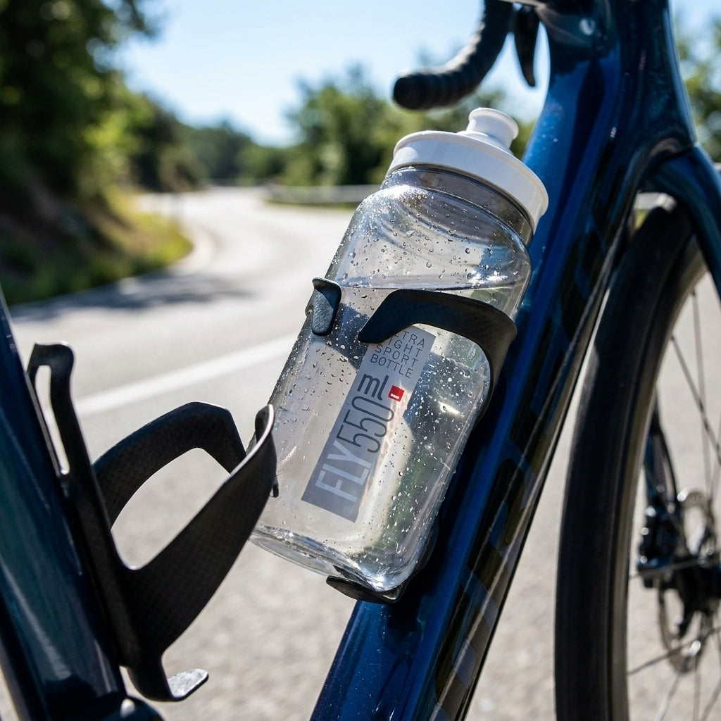 Elite Fly 550 ml ultraleichte Sport-Trinkflasche klar grau am Fahrrad auf der Straße.
