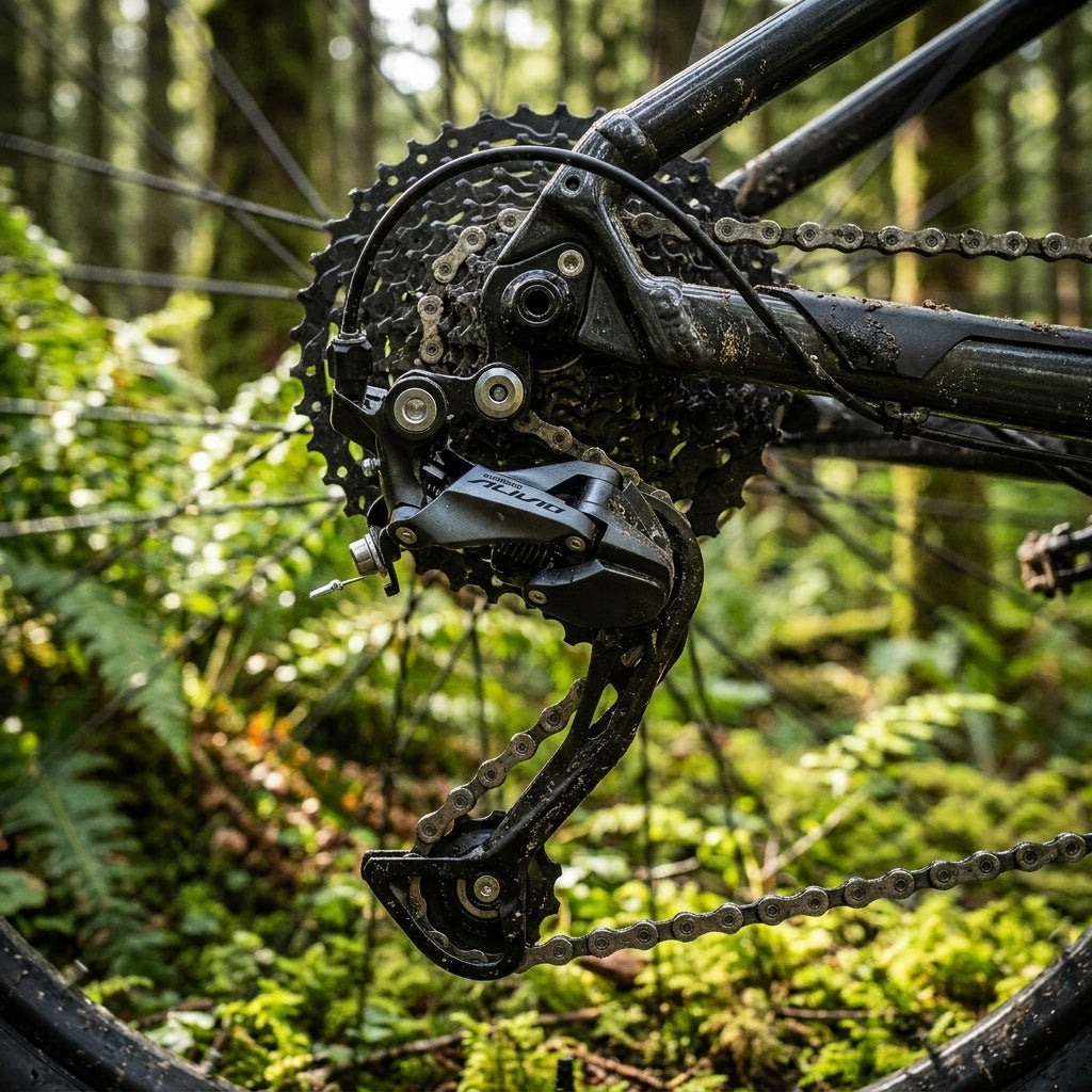 SHIMANO ALIVIO RD-M3100 9-fach Schaltwerk Lang Direktmontage am schmutzigen Mountainbike im Wald.