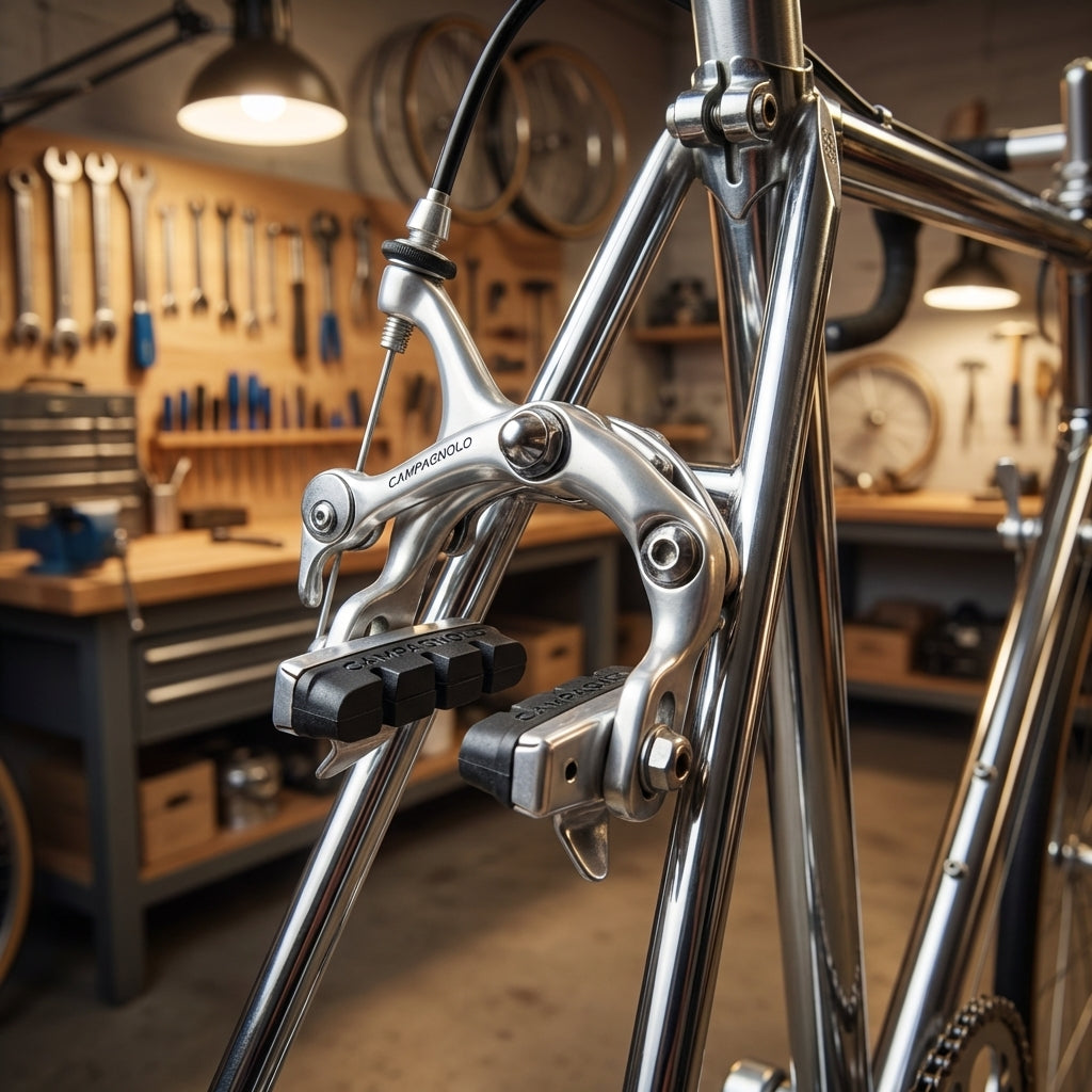 Campagnolo Record Delta BR-REDE Bremsgummi-Set schwarz an Fahrrad-Vorderbremse in Werkstatt.