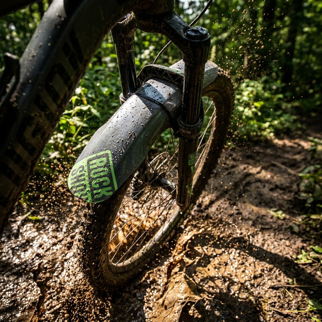 Rockshox VR Steckblech Fender schwarz gruen am Mountainbike im Schlamm, spritzendes Wasser auf Waldweg.