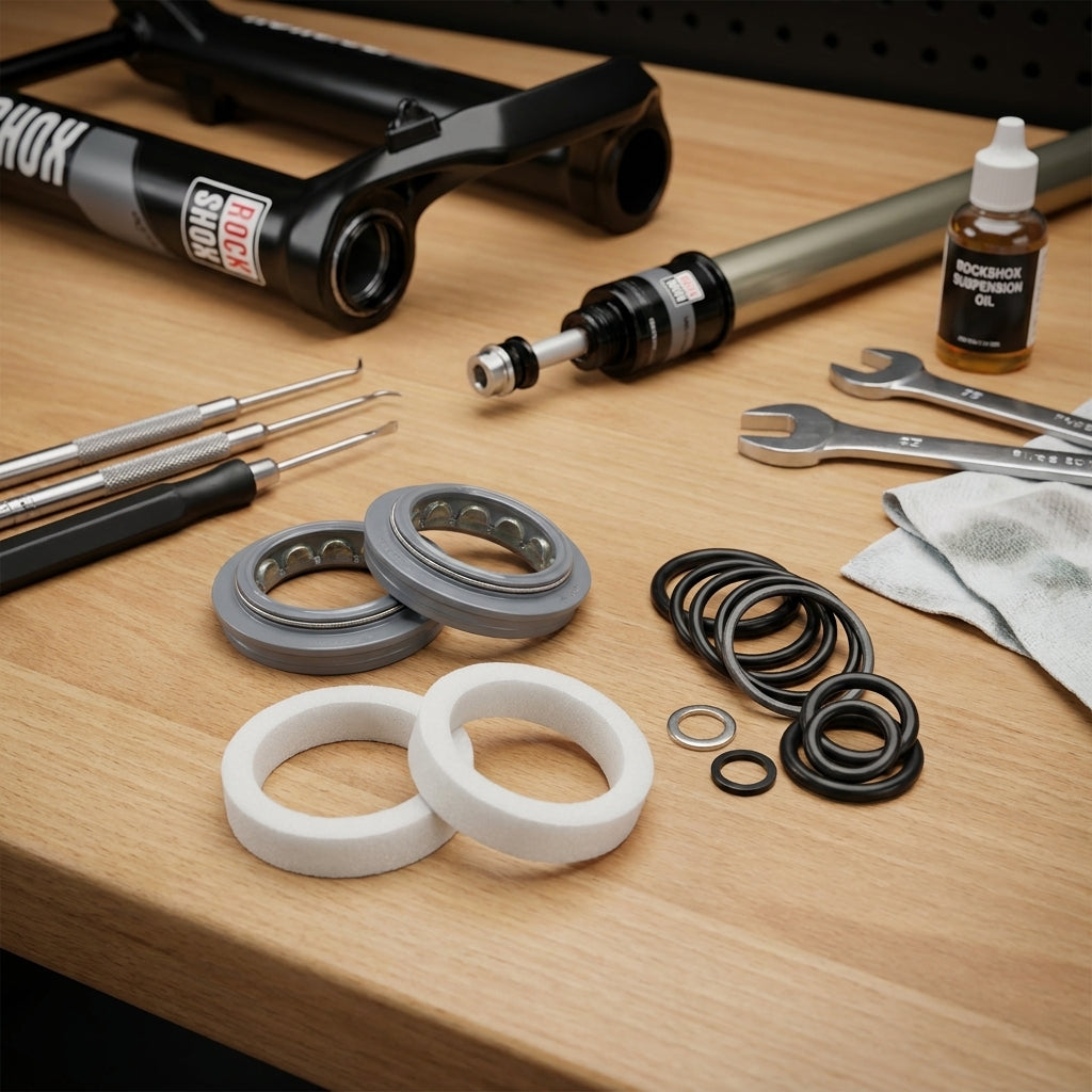 Rockshox Federgabel Service-Kit Basic Sektor Turnkey Solo-Air (2013-2016) mit Dichtungen, Öl, Werkzeug auf Holz.
