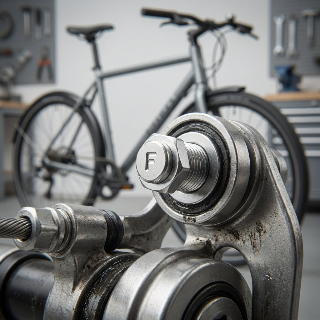 SHIMANO Befestigungsschraube Innenzug BR-IM45-F VR, Detailaufnahme mit "F" Gravur und Fahrrad im Hintergrund.