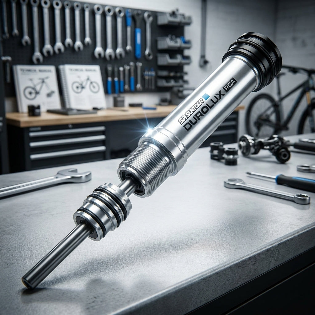 SR SUNTOUR DUROLUX RCA Dämpfer Kartusche Unit rechts 160/180mm auf Werkbank mit Werkzeug.