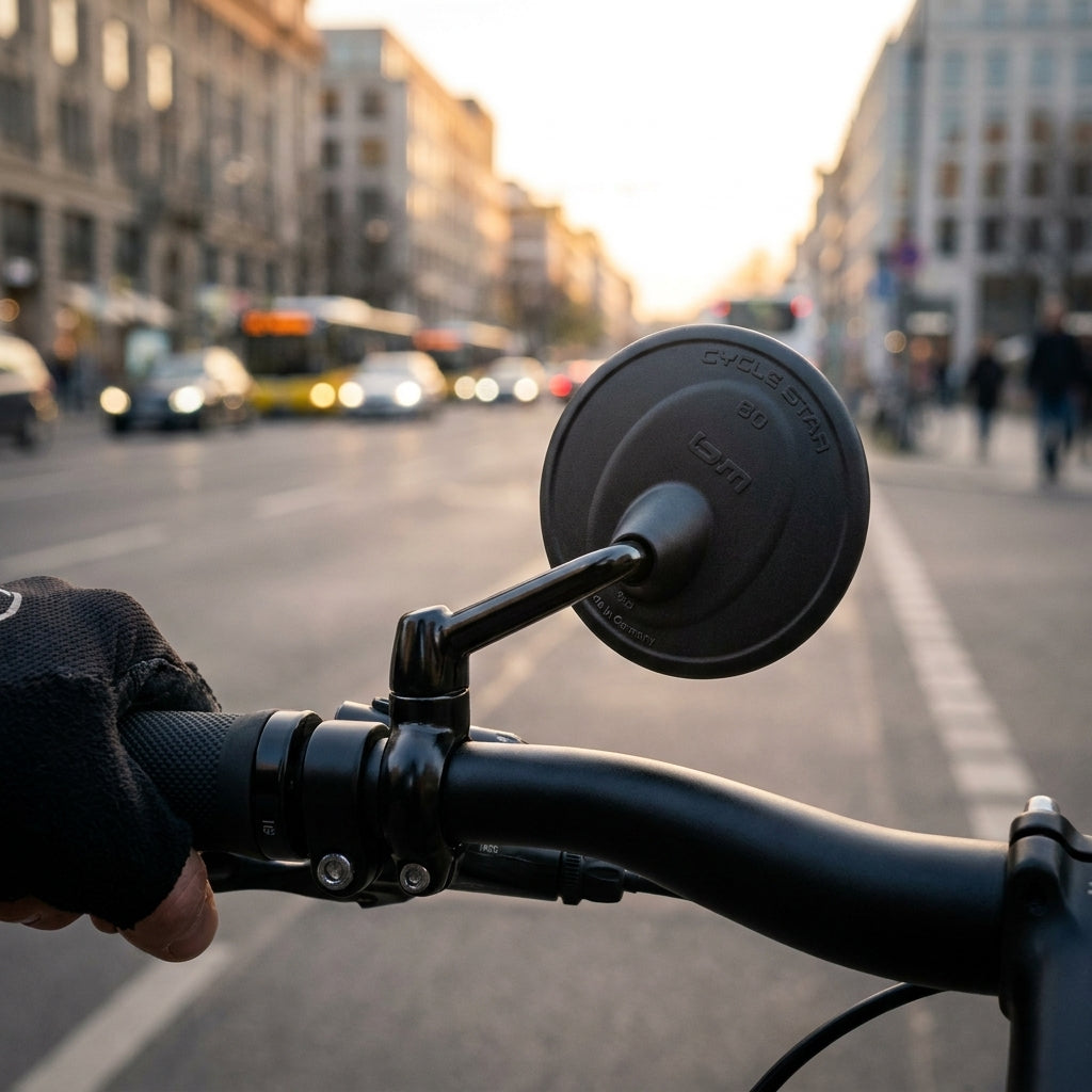 Detailaufnahme des Busch&Müller Cycle Star Ø80mm Fahrradspiegels mit Innenlenkerbefestigung am Lenker in der Stadt.