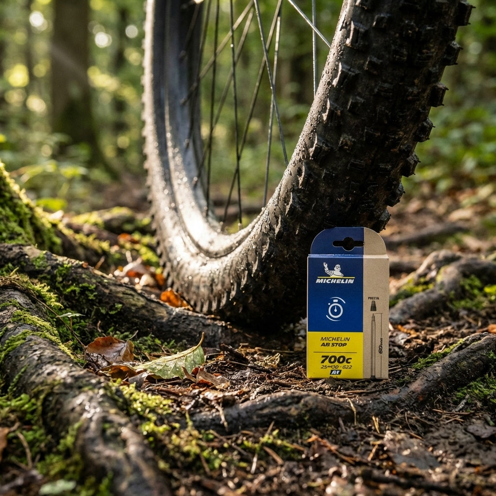 Michelin A6 Airstop Schlauch 29 Zoll Mountainbike, auf Waldboden neben Reifen.