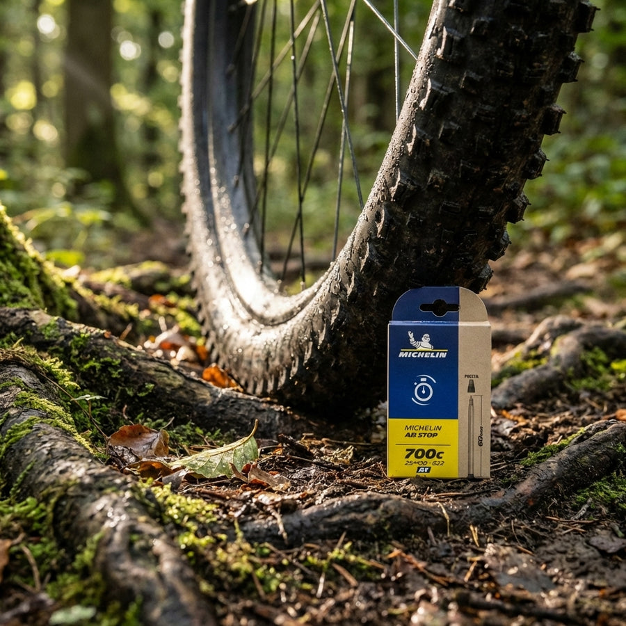 Michelin A6 Airstop Schlauch 29 Zoll Mountainbike, auf Waldboden neben Reifen.