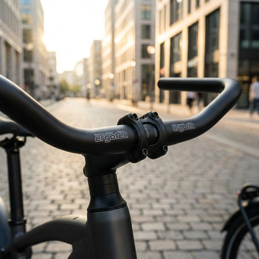 Ergotec Lenkerbügel Country Stahl schwarz 590 mm 67 Grad montiert an einem Fahrrad in urbaner Umgebung.