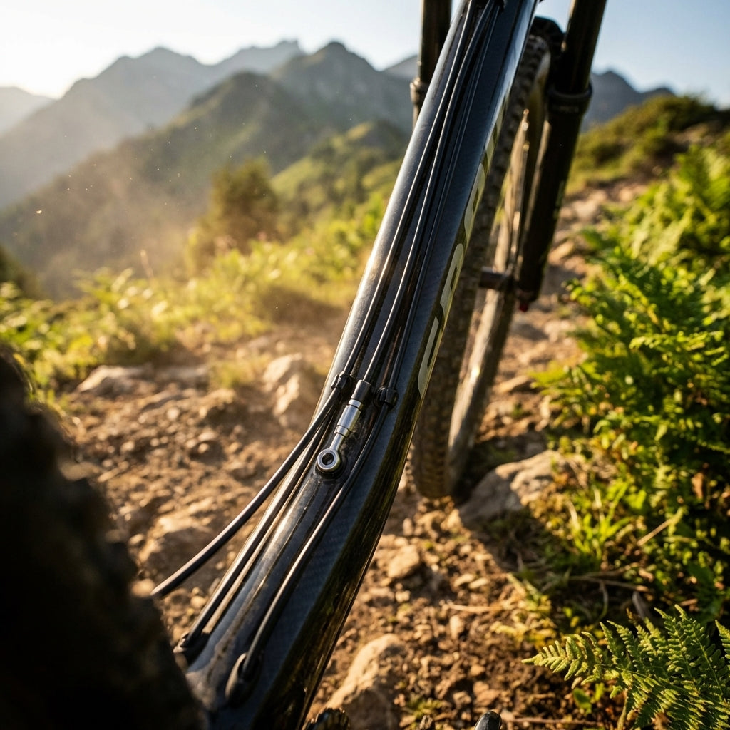 SRAM Mountainbike auf staubigem Trail, Fokus auf silberne Hydraulikleitung für präzise Bremsperformance.