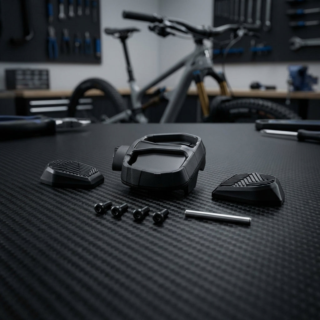 Sram EC Pod AXS Ultimate HMI-Modul-Bolzensatz mit Einzelteilen auf Werkbank vor Mountainbike.