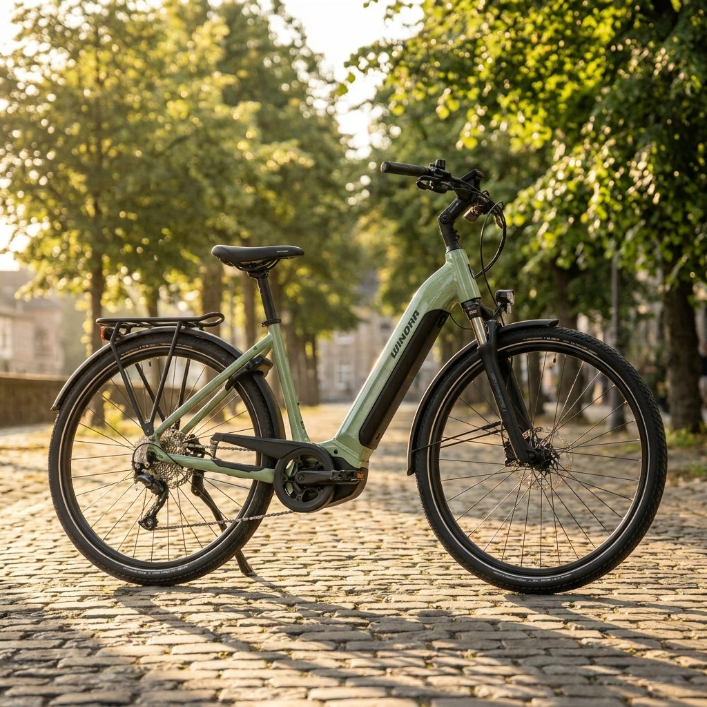 Winora YUCATAN X10 LOW E-Bike in Pistazie. Komfortabler Tiefeinsteiger mit 800Wh Akku für lange Touren und Alltag.