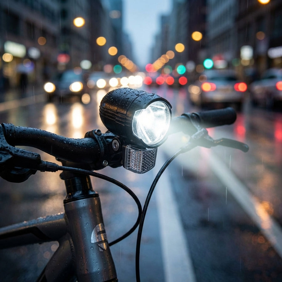 Schwarzer Büchel Shiny 80 LED Frontscheinwerfer leuchtet hell im Regen, StVZO, mit Standlicht & Sensor.