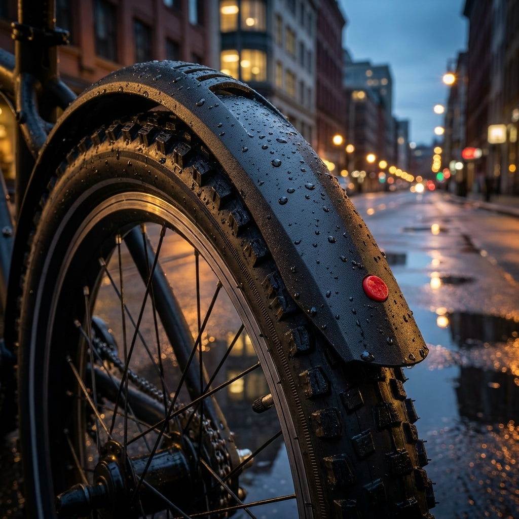 Hebie Steckblech-Set 20 Zoll: Schwarzes Fahrrad-Schutzblech am Hinterrad in regnerischer Stadtumgebung.