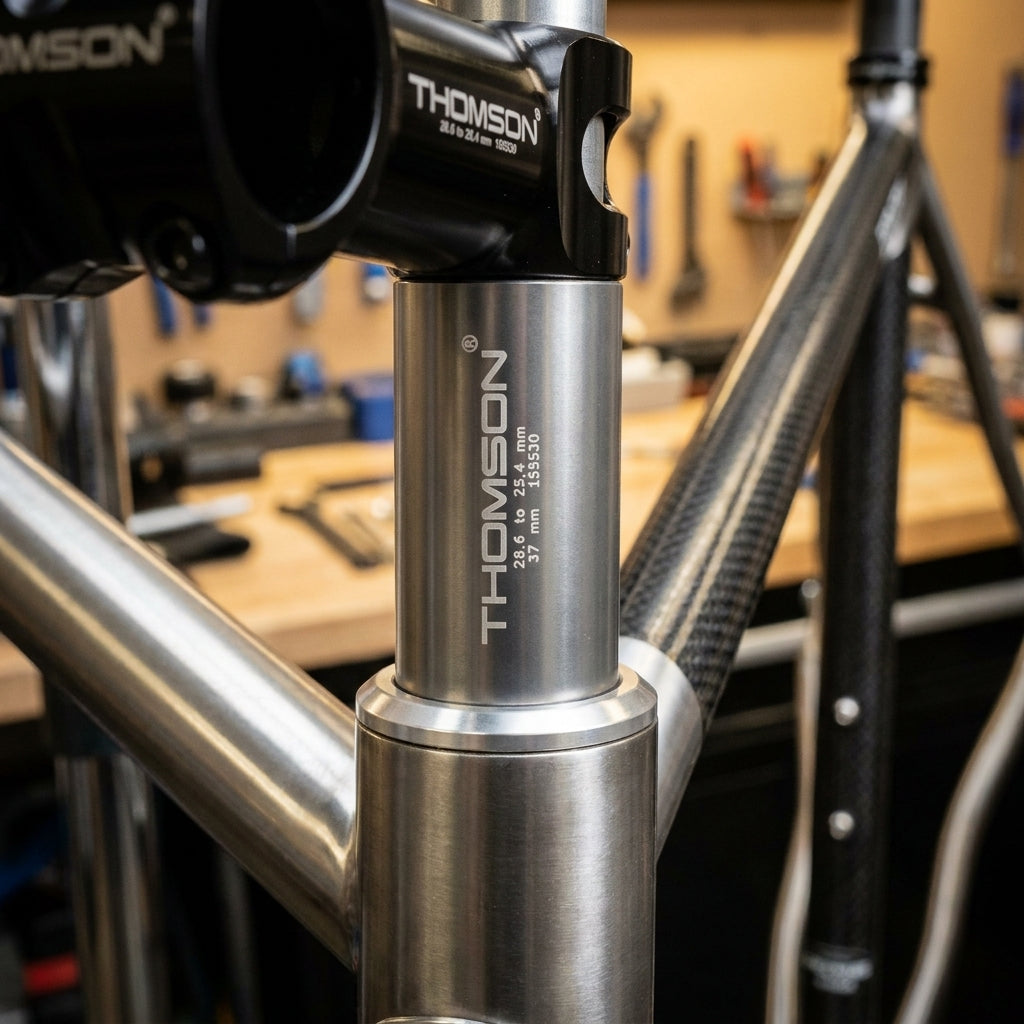 Thomson Reduzierhülse 37mm für A-Head Vorbau 1.1/8 auf 1 Zoll Gabel, am Fahrrad montiert mit Branding.