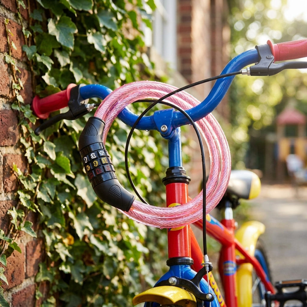 Point Symbolschloß Kinder pink am bunten Kinderfahrrad mit Symbolcode, vor grüner Efeu-Wand.