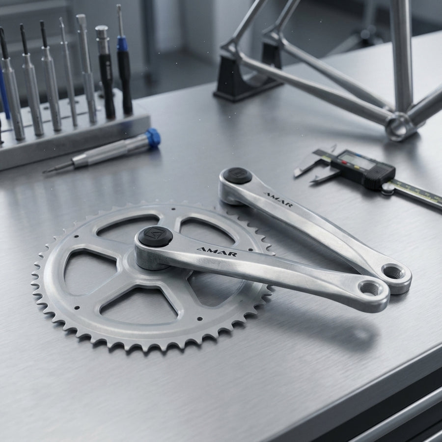 Amar Kettenradgarnitur Alu satinfarbig, 170mm, 44 Zähne, 4-Kant, mit Werkzeug und Fahrradrahmen auf Werkbank.