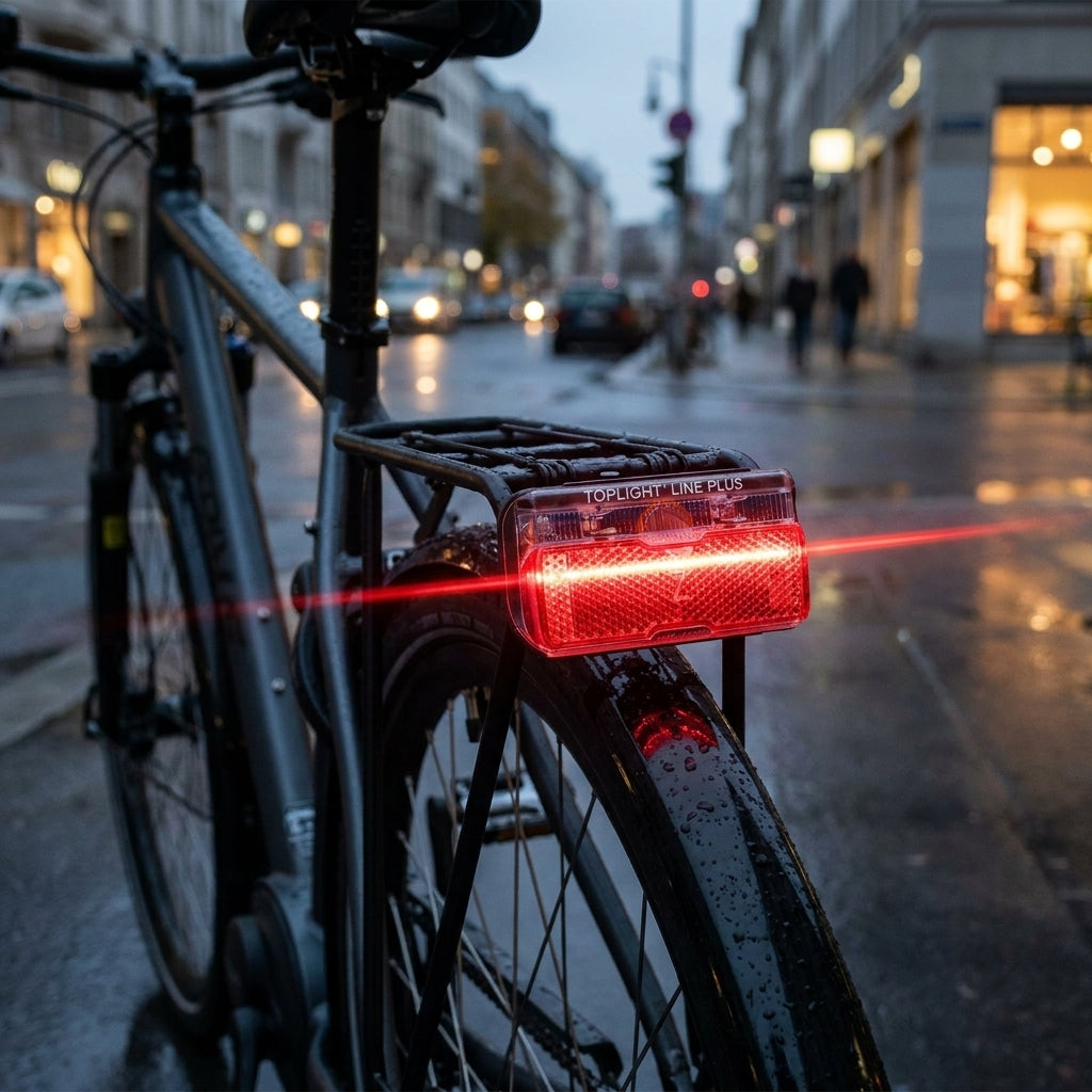 Busch&Müller Toplight Line Plus LED Dynamo-Rücklicht schwarz am Fahrrad, leuchtet rot mit Laserlinien auf nasser Straße.