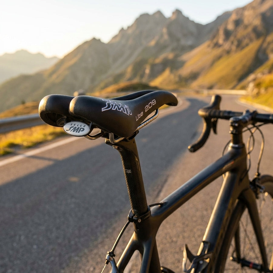 Selle SMP Lite 209 schwarzer Herren Fahrradsattel auf Rennrad vor Berglandschaft bei Sonnenuntergang.